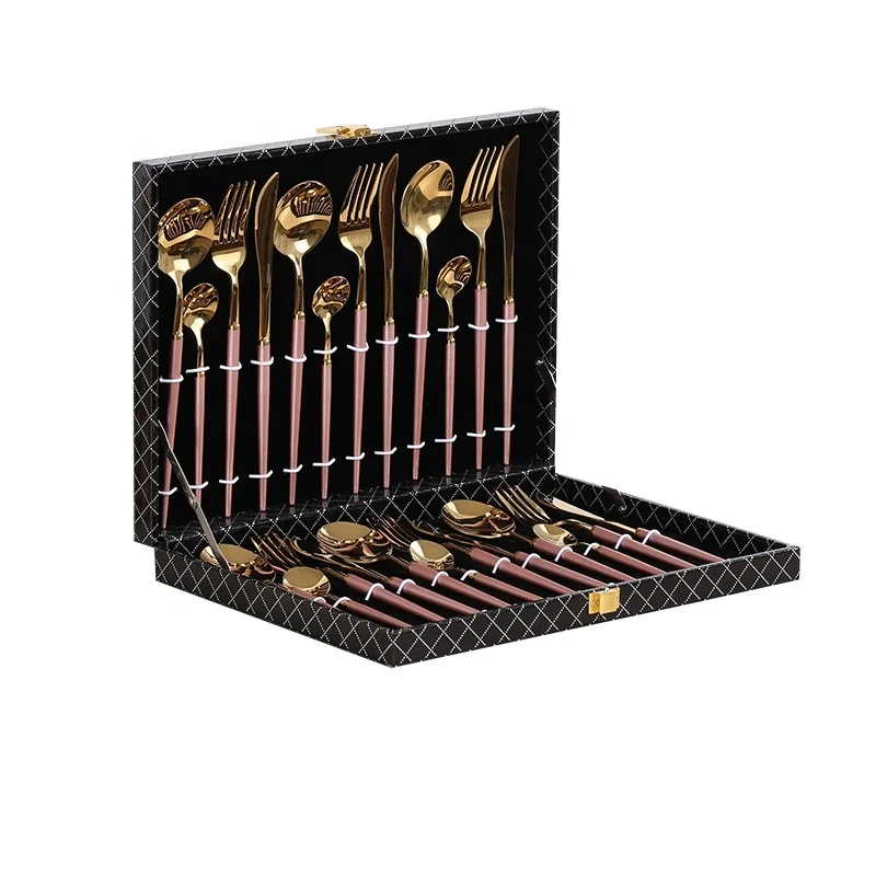 

stainless steel cutlery 24/12/8/4 pieces of color tableware set gift box silverware set wedding box cutlery set, Pink gold/balck gold