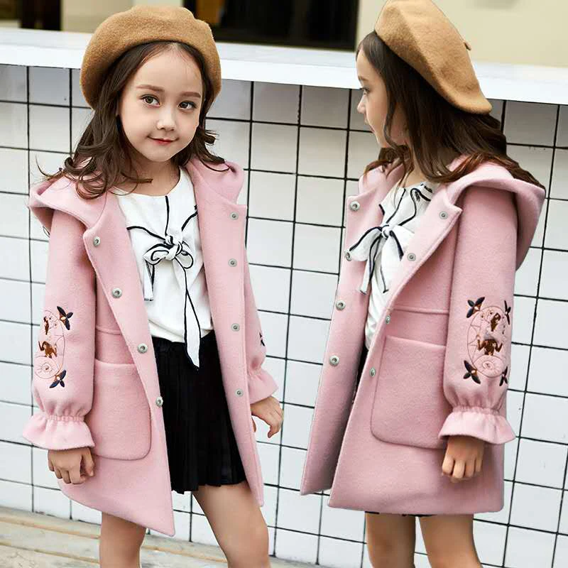 

Embroidered woolen hooded coat autumn and winter girls' woolen coat middle and big children thickened children's clothing, Pink