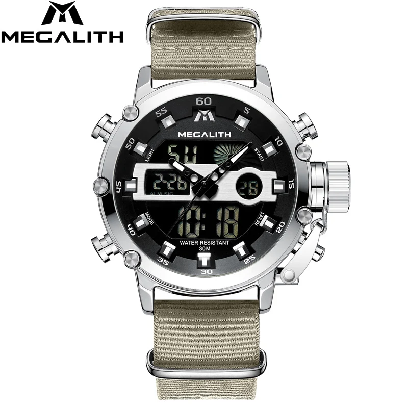 

MEGALITH luxury brand fashion Man Water Resistan Military Multifunction Nylon strap men Sports analog digital quartz Watches