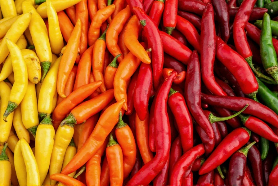 Close-up photography of various chili pepper varieties arranged by heat level from mild to extreme, showing color variations and physical characteristics