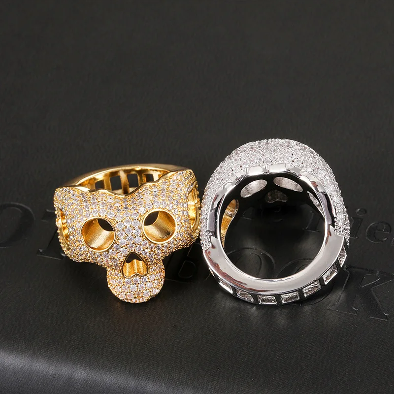 

Gothic Jewelry 18K Real Gold Skull Punk Ring Bling Micro Pave Cubic Zirconia CZ Skull Head Hip Hop Cluster Rings For Gift, Picture shows