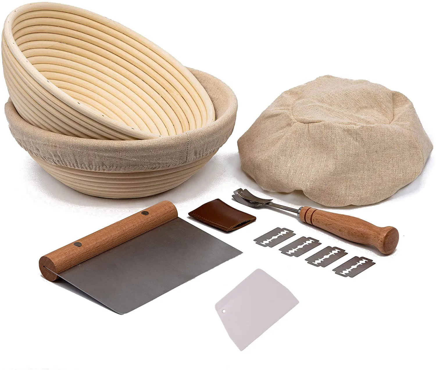 

WIT Proofing Set Sourdough Bread with 2 Rattanfermetation Baskets 2 Basket Covers Metal Scraper Plastic Scraper Scoring Lame