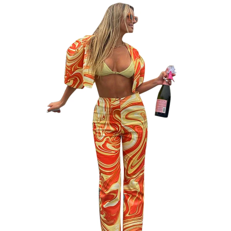 

CuteNOVA M21ST408 New Design Sexy Fashion Women'sPrinted Short Sleeve Splicing Sleeved Printed Swimsuit Three Piece Set