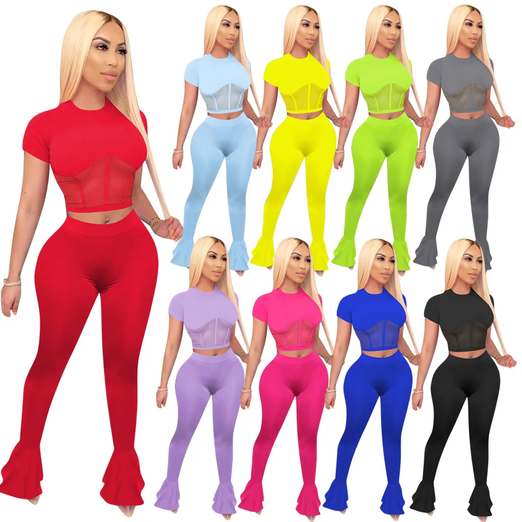 

wholesale Mesh stitching top flared pants sports wear outfit women perspective sexy nightclub set
