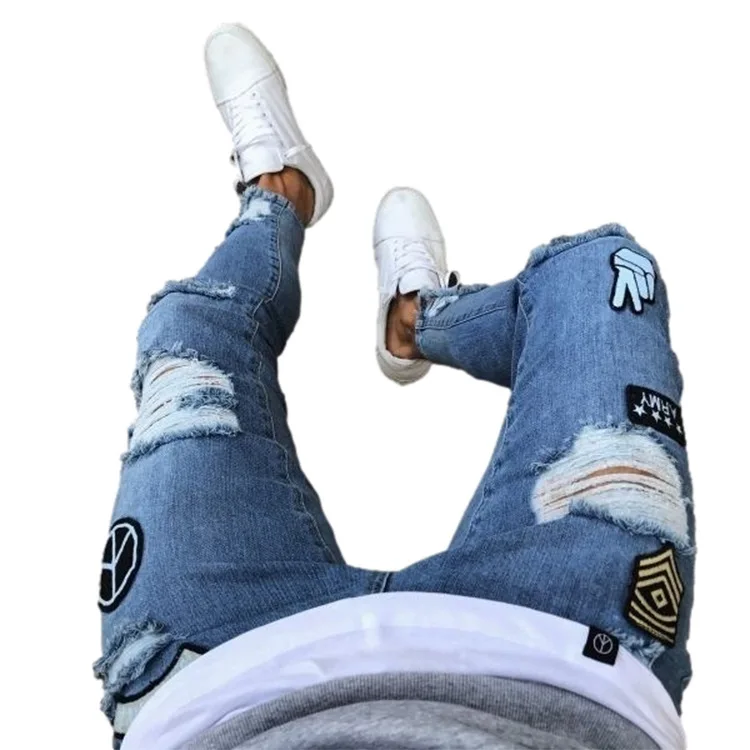 

2021 new fashion patch men ripped denim jeans letter print ripped jeans men's trousers & pants