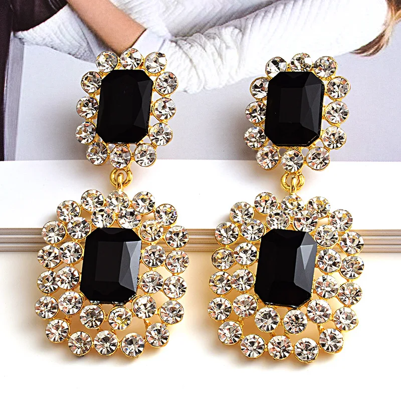 

Fashion Jewelry Vintage Luxury Big Black Quartz Diamond Crystal Glass Stone Bling Silver Square Earrings for Women 2021, Picture shows