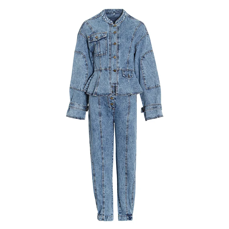 

2021 autumn new fashion retro flared sleeve denim jacket + high waist slim long jeans casual suit, Blue