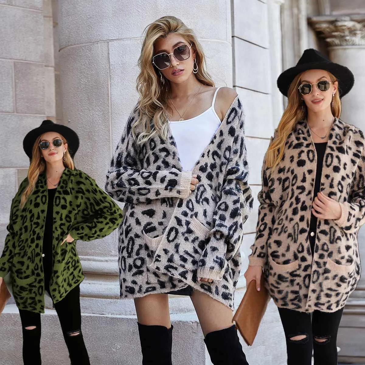 

Autumn Winter Amazon New Elegant Knot Long-sleeved Plus Size Leopard Knitted Cardigan Sweater Women
