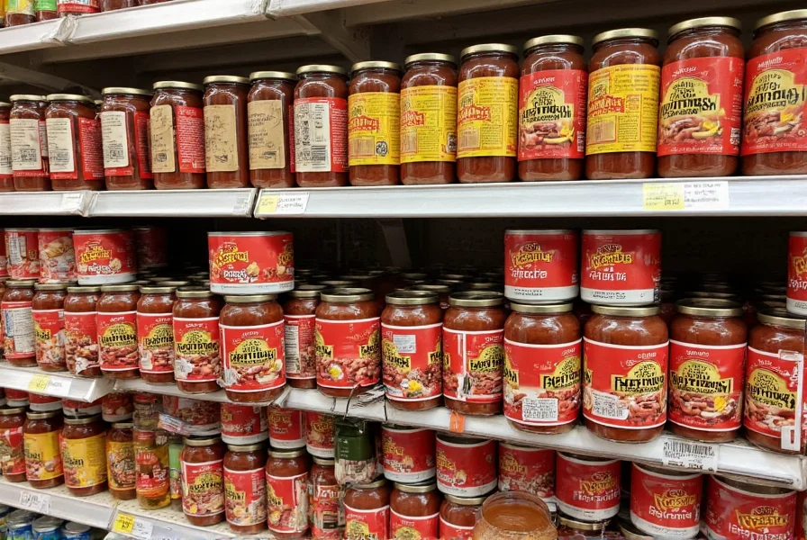 Shelf display showing various canned Skyline chili products alongside traditional Cincinnati chili toppings