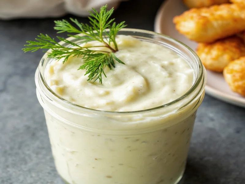 Homemade tartar sauce in mason jar with fresh dill garnish