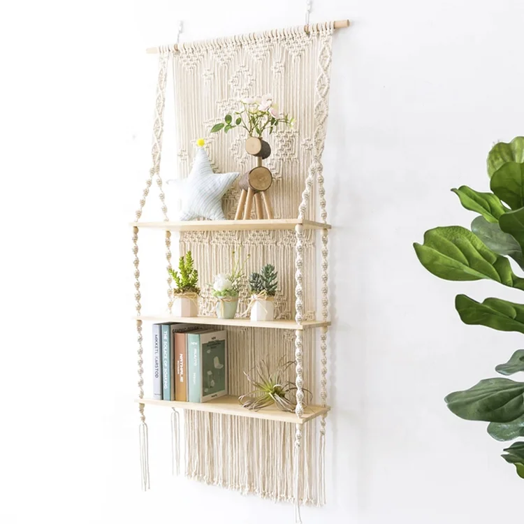 

macrame triple wooden shelf wall hanging decorate tapestry, White black or customized color