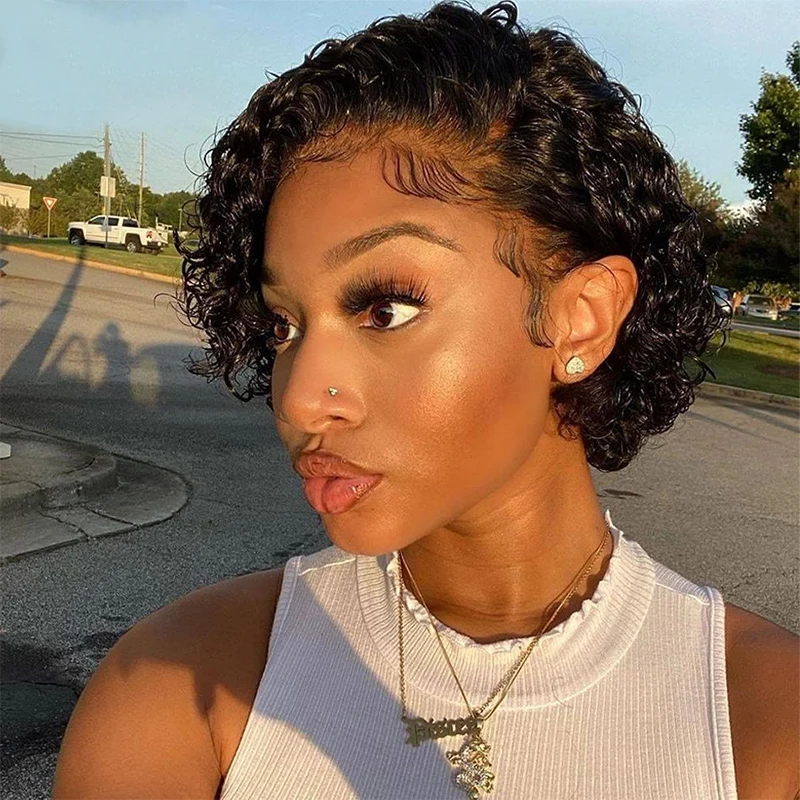 

Pixie Cut Wig Human Hair Water Wave Bob Short Human Hair Wigs Bleached Knots 13x4 Lace Frontal Wig With Baby Hair For Women