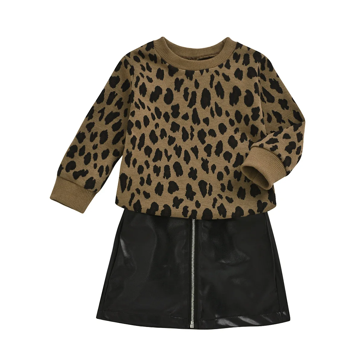 

Autumn 2021 new baby children long sleeve leopard print sweater leather skirt two piece set girls clothing set for hot selling, As pic shows, we can according to your request also