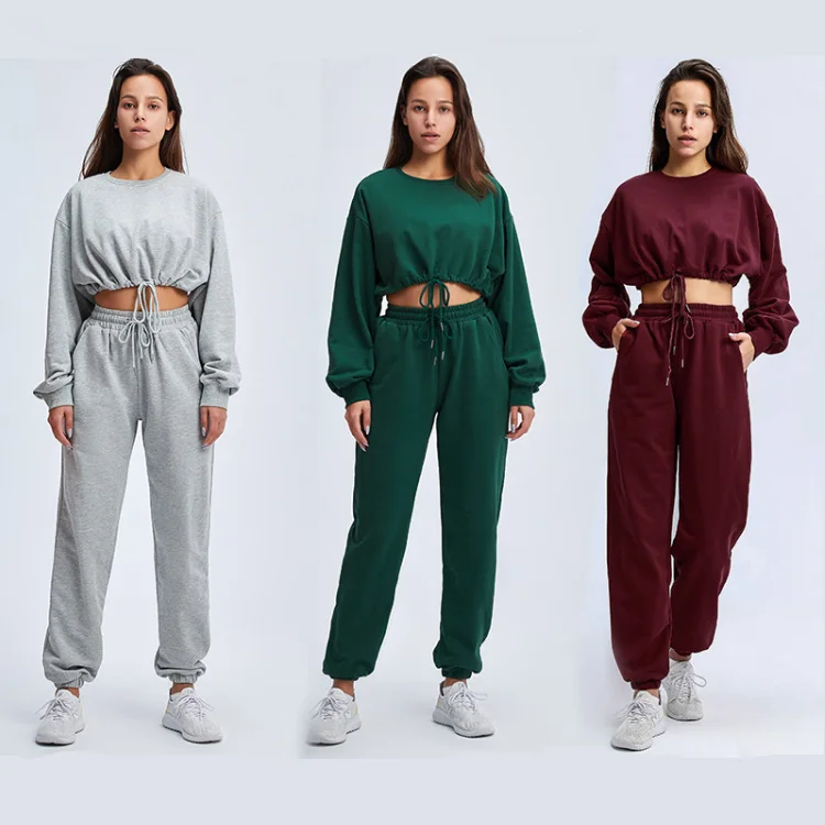 

Custom logo knitted two piece set women clothing sports wear joggers women's tracksuit crop top hoodie set, Grey/ black/orange/blue/ oem colors