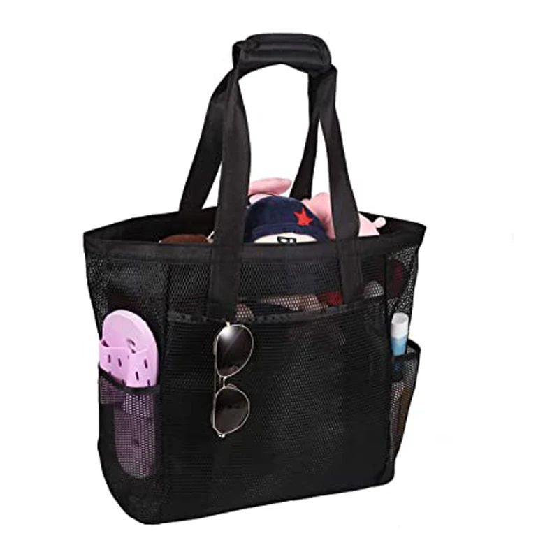 

Large Capacity Custom Girls Summer Swimming Mesh Tote Bags Reusable Large Pockets Travel Beach Bag Women, Black or customize