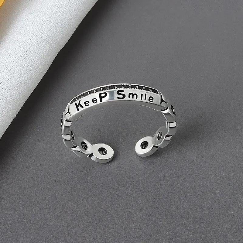 

Korean Style S925 Stamp Enamel Letter KEEP SMILE Adjustable Rings Link Chain Open Rings For Girls Couple
