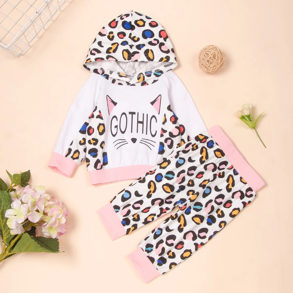 

Europe America Toddler Clothes Suit Cute Cat Print Leopard 2 Pieces Baby Clothes Sets, White leopard