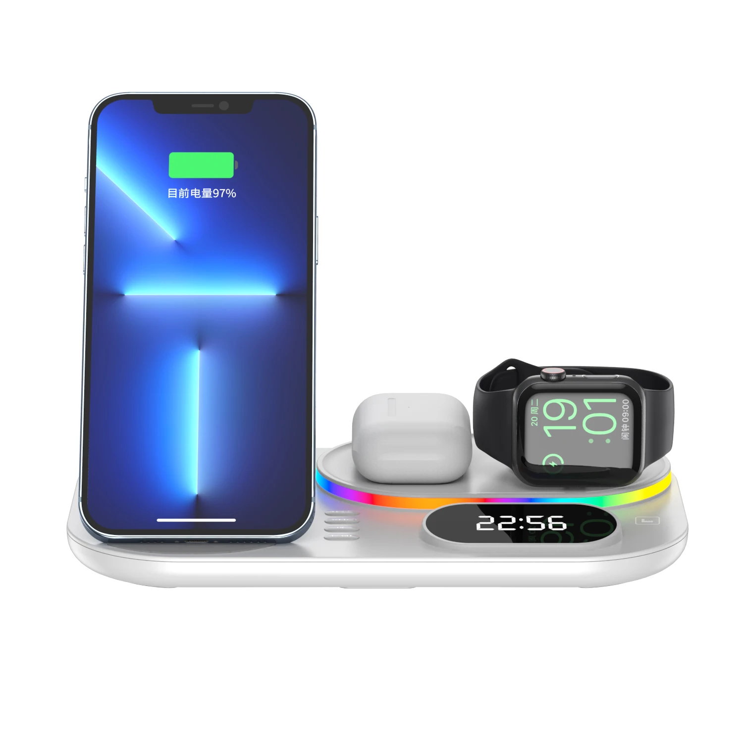 

Langwei Newest RBG Night Light Folding Wireless Charging Station 15W 4 in 1 Wireless Charger With Clock