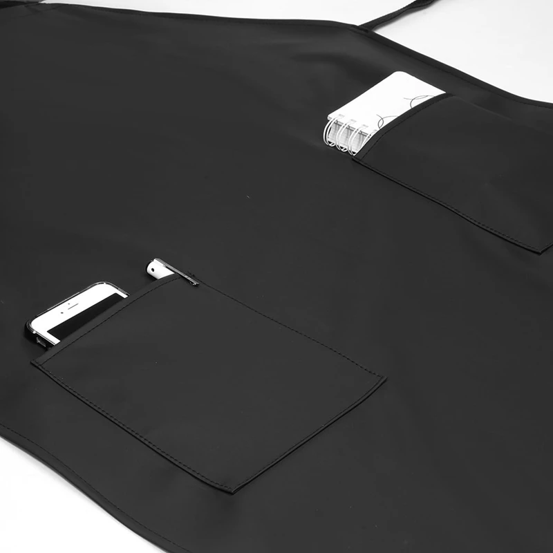 Long Adjustable Bib Black Waterproof Apron with 2 Pockets