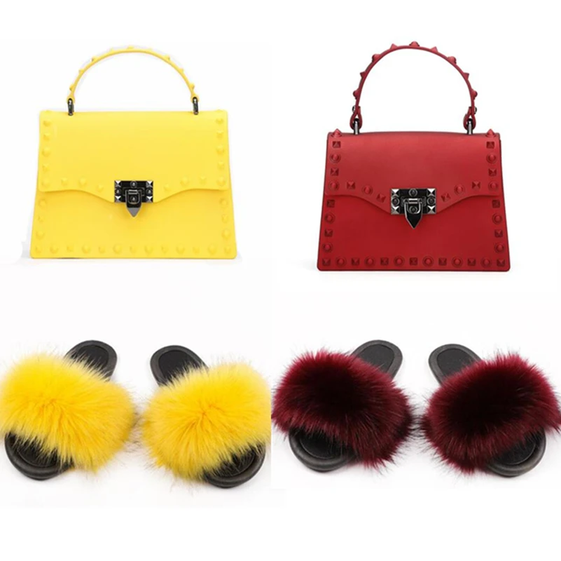 

Fashion Ladies Designer Fur Slides And Bags Sets Summer Sandals Jelly Handbags Women Matching Shoes And Purse Set, As pictures or customized colors