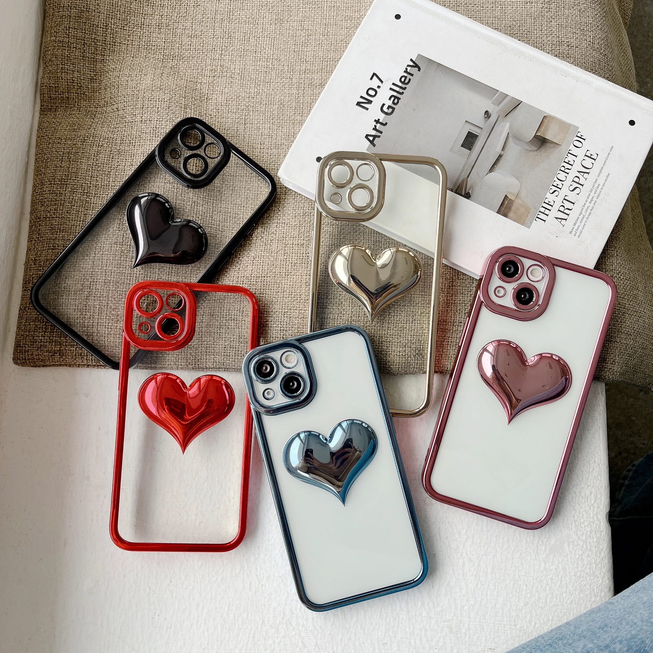 

Amazon hot sale transparent 3D heart electroplating luxury mobile phone case for iPhone 13 pro max 11pro 12