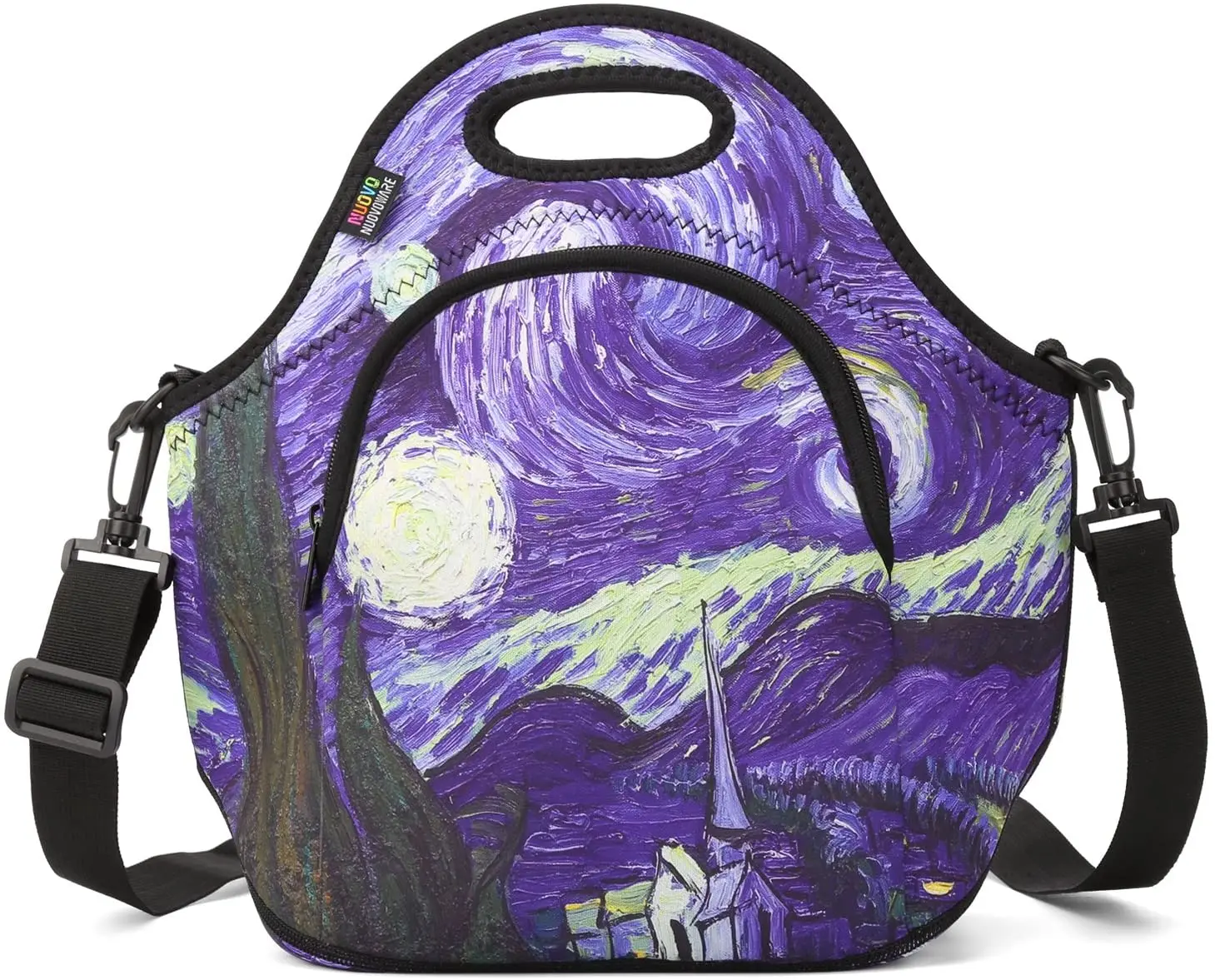 

Nuovoware Neoprene Lunch Bag with Adjustable Crossbody Strap and Front Zipper Pockets, Starry Night & Black, Colorful