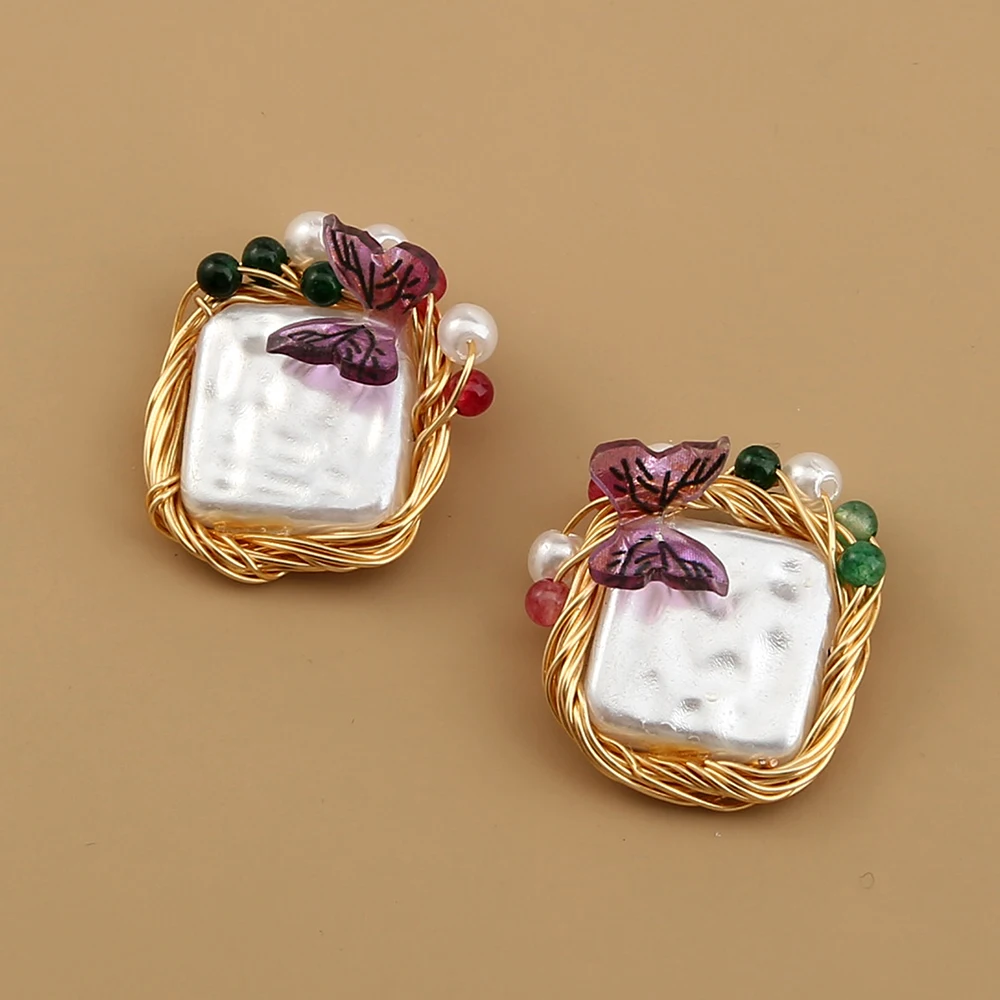 

Korean Hoop Earring New Elegant Boho Pearl Nature Stone Purple Resin Butterfly Stud Earrings Women Jewelry