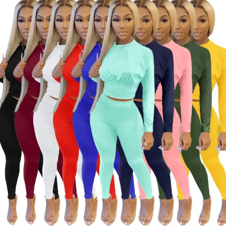 

fall new set 2021 women clothes fashion crop tops pants fashion skinny solid color two piece clothing suits