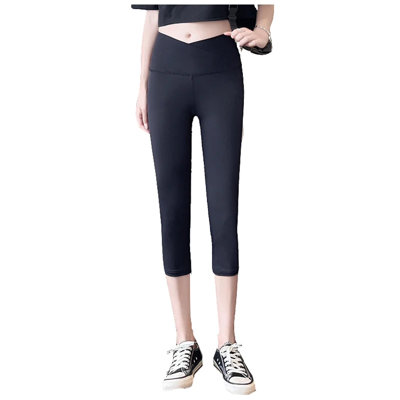 

wholesale women capri compression calf length pants waistband cross exercise yoga leggings