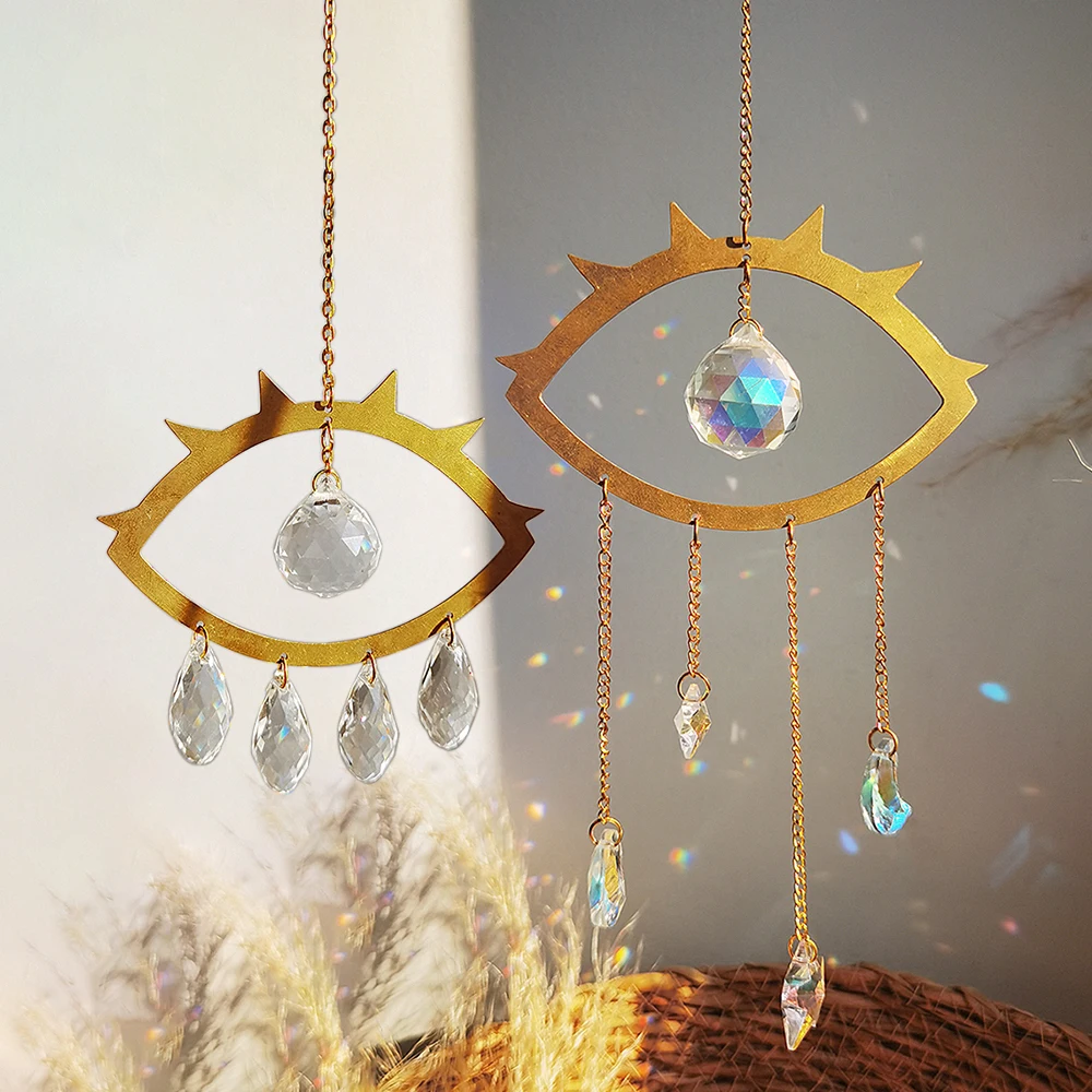 

Metal Golden Decor Evil Eye Wall Art Hanging Windchimes Glass Prism Sun Catcher Crystal Star Moon Dream Catcher Crafts