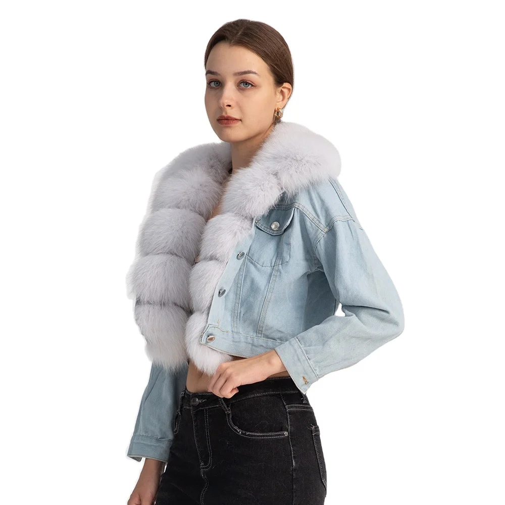 

2021 New Ins Design Crop Jeans Parka Women Bomber Denim Jacket With Fox Fur Trim, Customized color