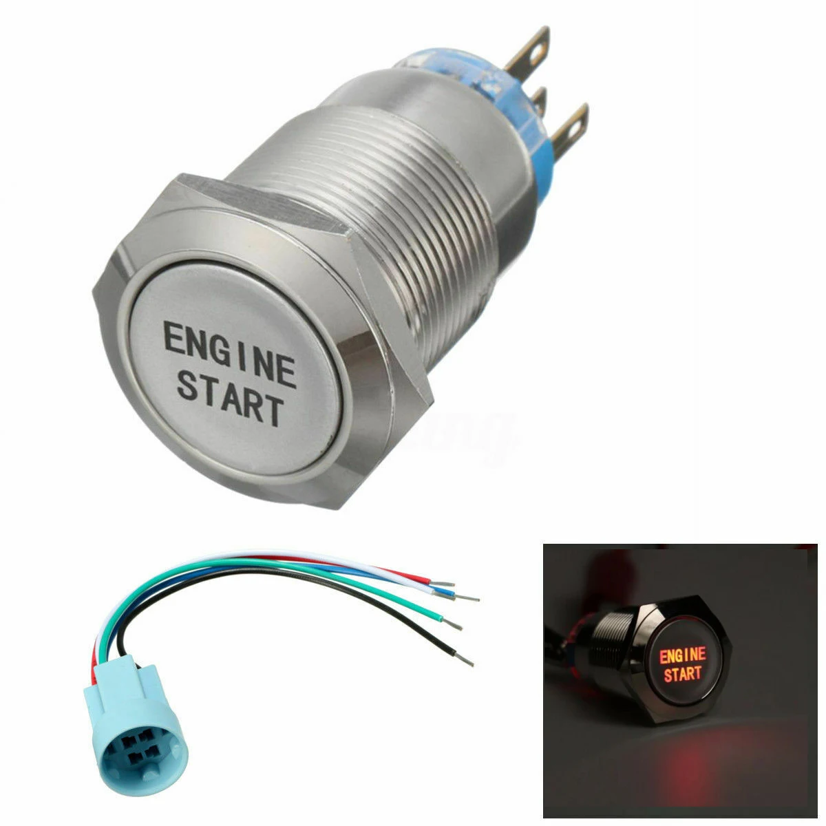 19MM Metal Momentary ENGINE START Push Button Car Switch Red/Blue/Green LED 12V