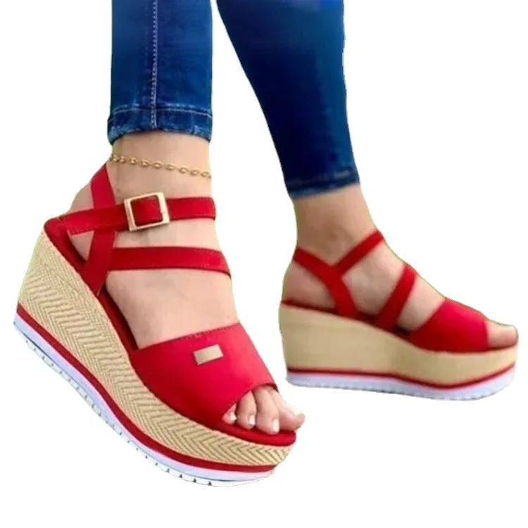 

2021 New Arrival Lady Sandals Summer Causal Belt Bucket Solid Color Stylish Fish Mouth Open Toe Soft Hollow Wedge Sandals Women