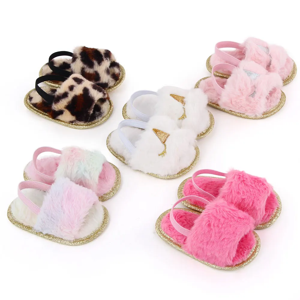 

Infant Summer Fur Sandals Shoes Cute Furry Slippers First Walker Baby Sandals Baby Casual Shoes Baby Girl Shoes, 7 colors