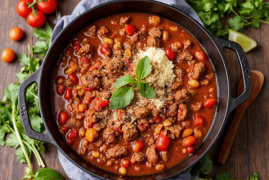 Keto chili in cast iron pot with ground beef, spices, and vegetables