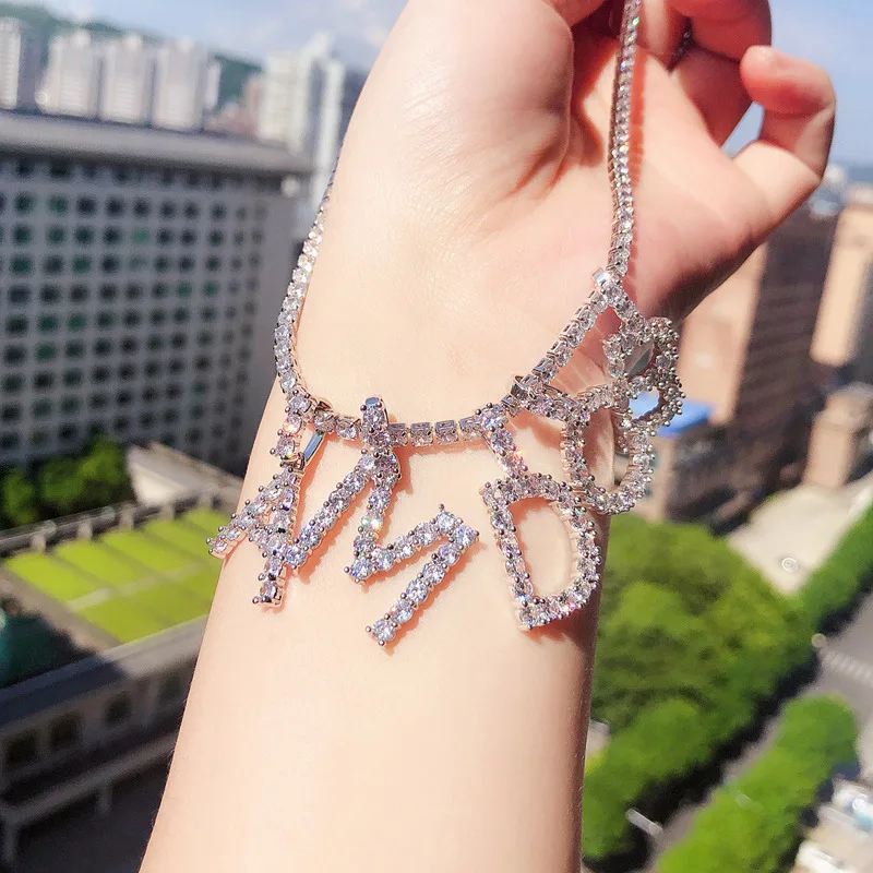 Women jewelry tennis choker necklace white gold custom letter pendant