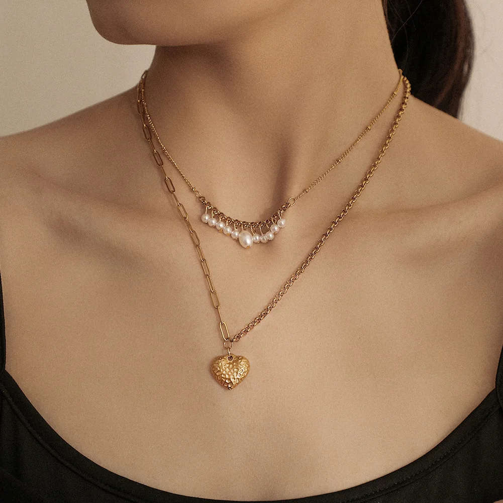 

Double Layers Heart-Shaped Pendant Long Necklace Simple Women Gold Plated Pearl Tassel Shell Texture Jewelry For girl Gift, Photo
