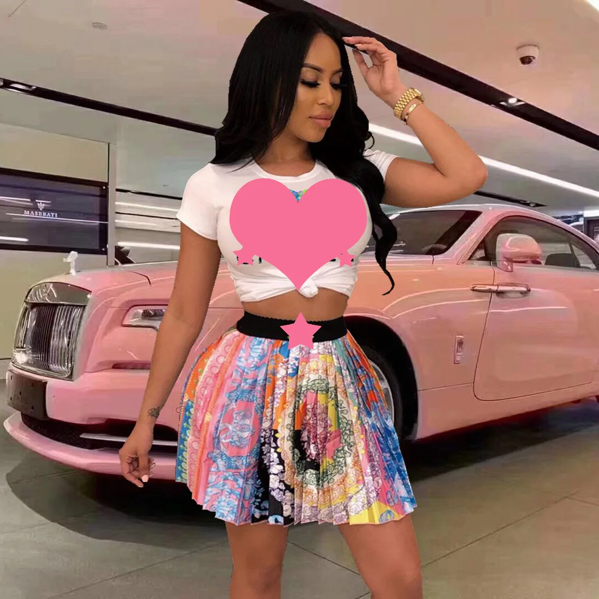 

High Quality Ladies Cc Designer Two Piece Short Set Skirt 2021 Women Fashion Floral Pleated Skirts Summer Two Piece Skirt Set, Black/white/orange/red/designer two piece
