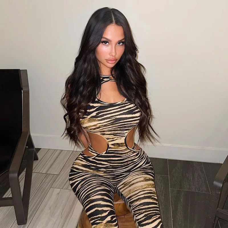 

L3391 - bandage fashion sexy hollow out sleeveless tiger stripe women jumpsuit