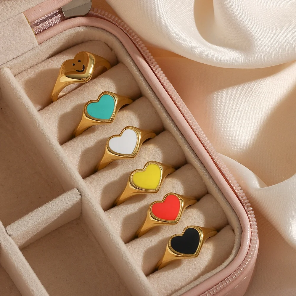 

Lovely Summer Neon Enamel Rings Stainless Steel Rainbow Colored Smile Face Heart Ring, Black, blue, red, white, yellow, gold