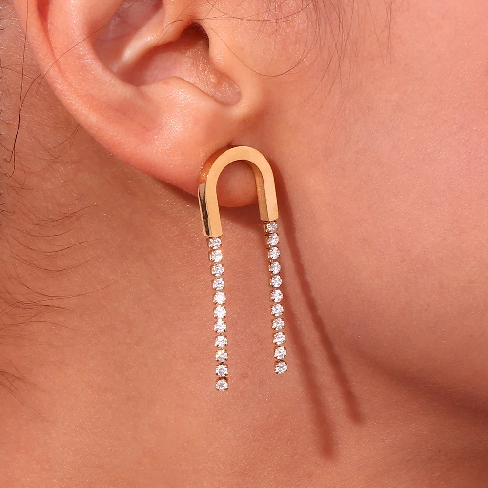 

Zircon Tassel Earring U Shape Stainless Steel Tassel Earrings 18k Gold Plated Stud Earring