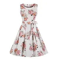 

Hot sale new fashion floral print women retro dress O neck sleeveless chiffon lace-up vestidos