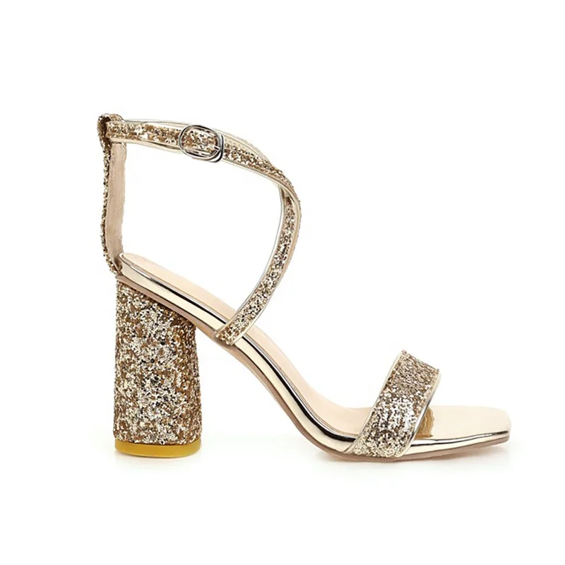 

2020 New Gold Silver Glitter Block Heel Open Toe Black Ankle Strap High Heel Sandals Roman Shoes Woman, White gold silver customzied