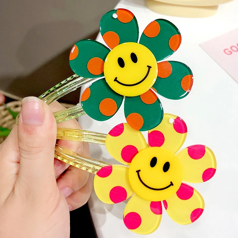 

Wholesale Wave Point Hair Pin Cute Smiling Face Acrylic Women Hairgrips Sweet Candy Color Girls Clip Gift Sunflower Hair Clip