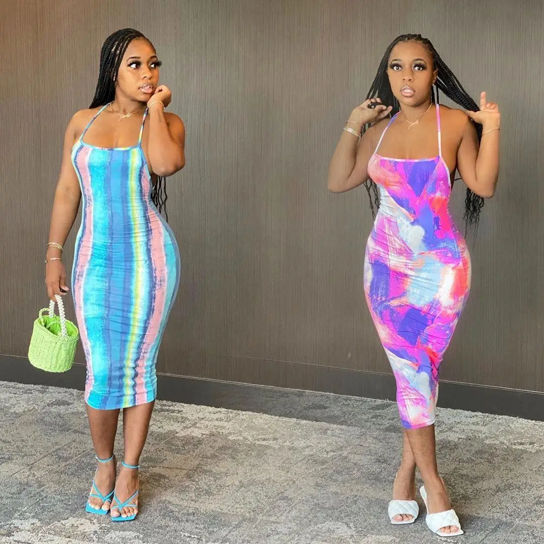 

HS X00353L HS New arrival sexy women dress+Sexy tie-dye print halter dress with halter back, Blue