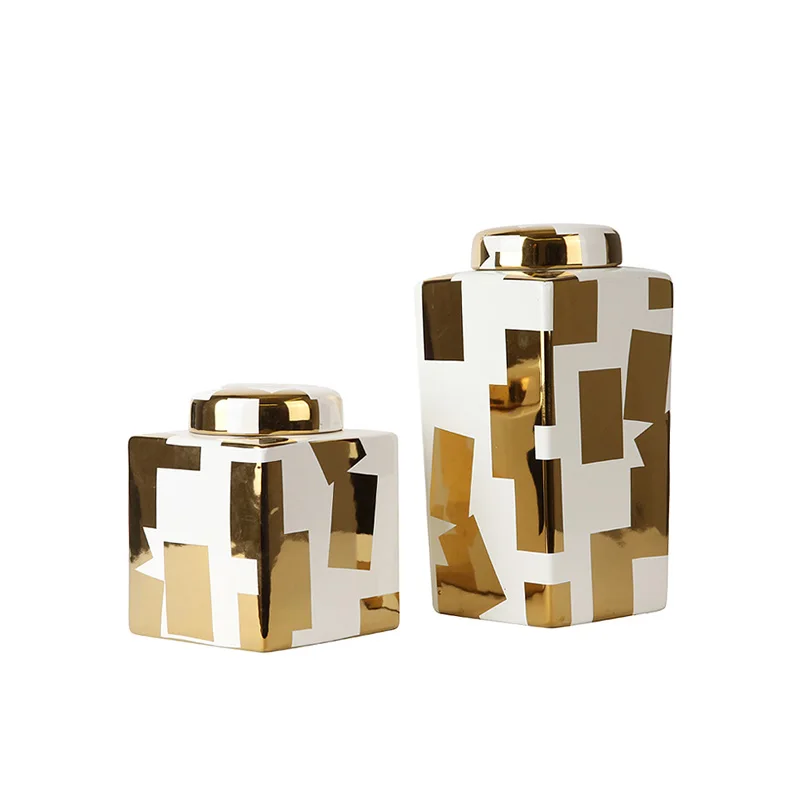 

Luxury Ceramic Home Decoration Pieces Square Golden Decorative Ceramic Ginger Temple Jars