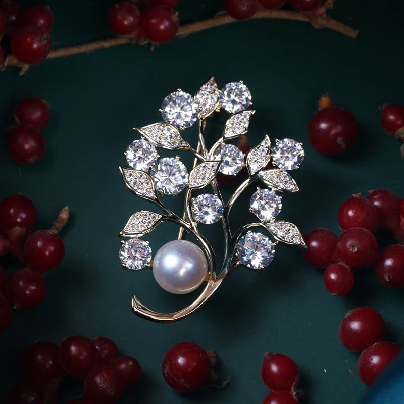 
simple retro accessories woolen coat Plant pearl brooch 