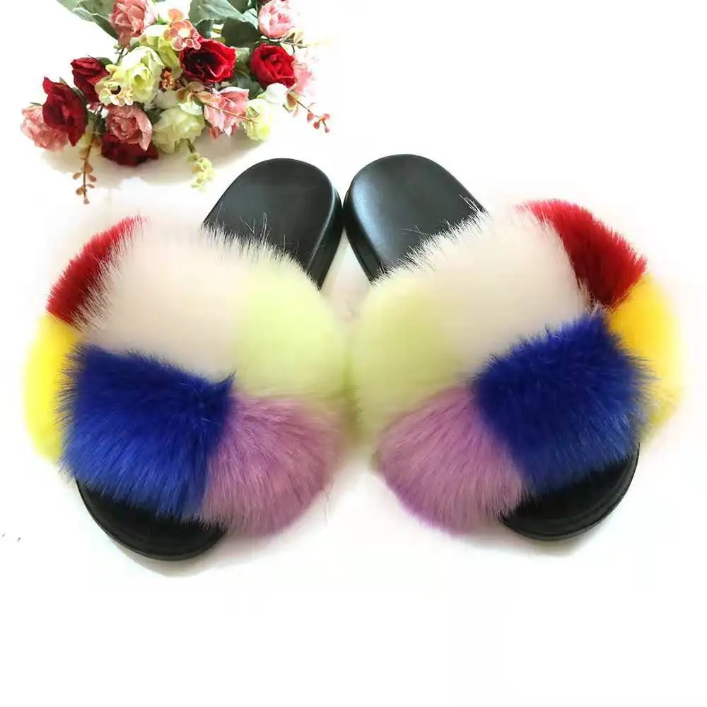 

Imitation fox fur color matching one-word slippers women's imitation raccoon fur imitation fur all-inclusive slippers