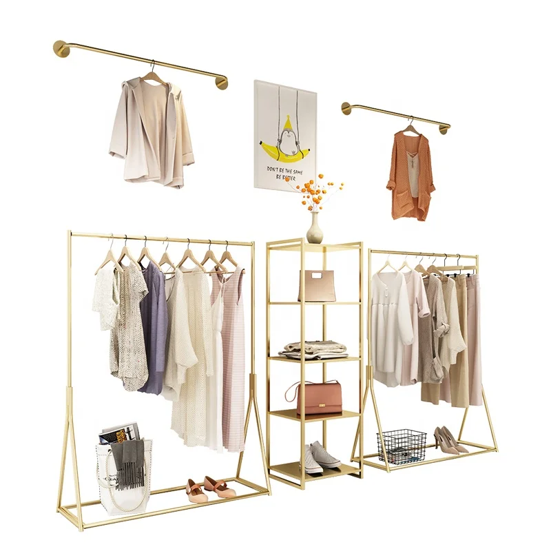 

Luxury Clothing Store Display Stand Store Garment Clothing Racks Gold Display Clothes Rack Stainless Steel Clothes Hanging Rack