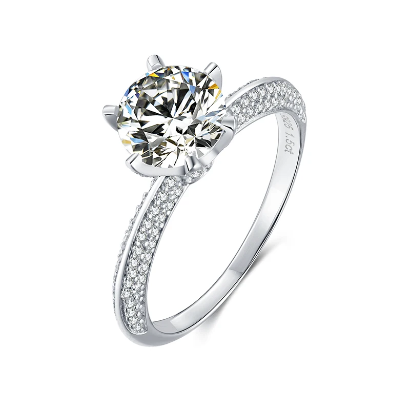 

M13C 925 Sterling Silver Ring 1.5ct 7.5mm Moissanite Main Stone and CZ Side Stone Diamonds